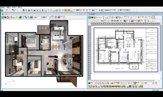 室內建築3D鳥瞰圖與平面設計圖。