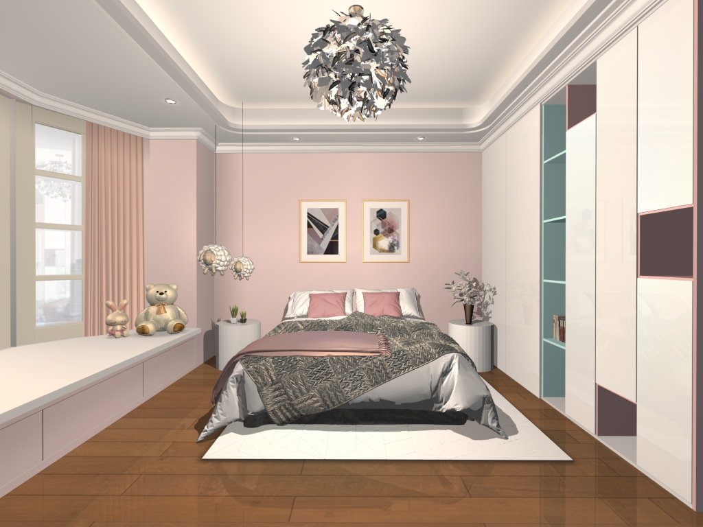 粉紅油漆牆臥室，右邊系統衣櫃，中間是床組，左邊是凸窗。