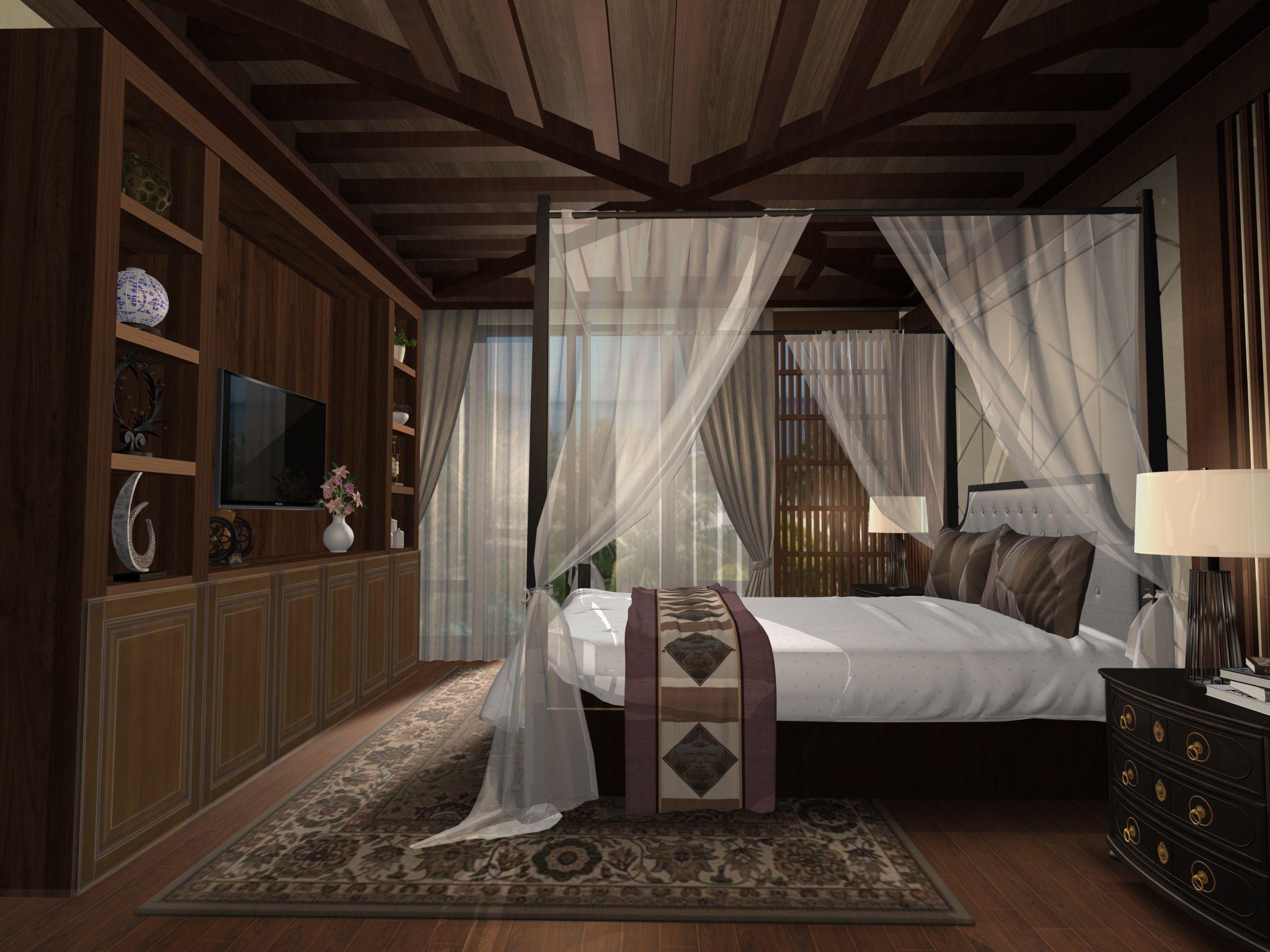 鄉村風臥室3D透視圖，左邊原本置物電視櫃，右邊床帳幔床組。