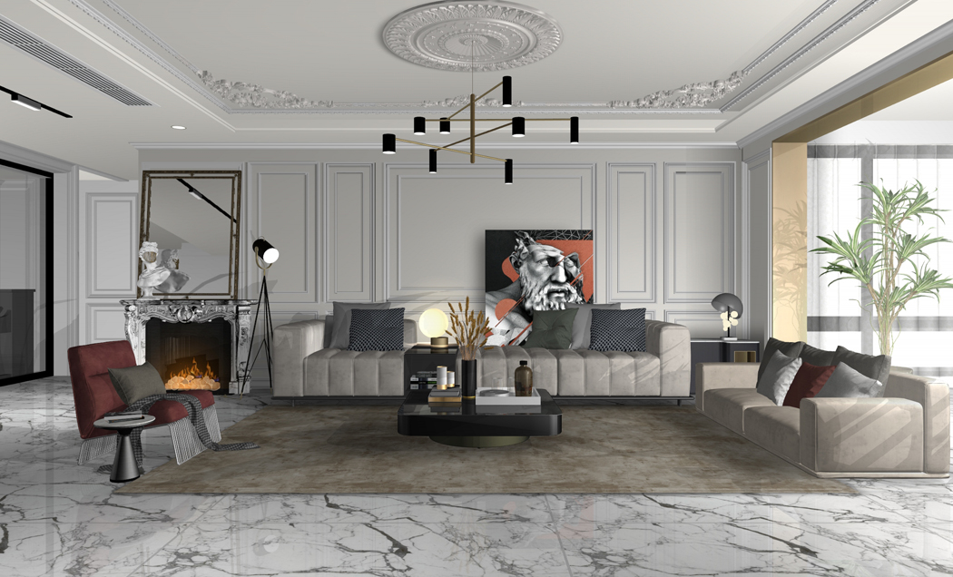 歐式風格客廳設計3D透視圖，有沙發、地毯、椅子、桌子、吊燈等仵傢俱。