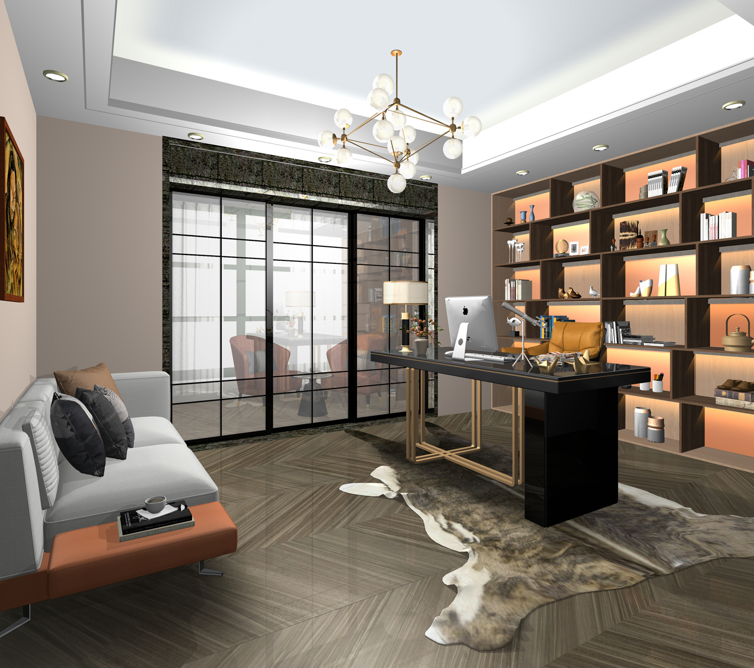 現代風書房設計-3D透視圖，有沙發、地毯、椅子、書桌、吊燈等仵傢俱。