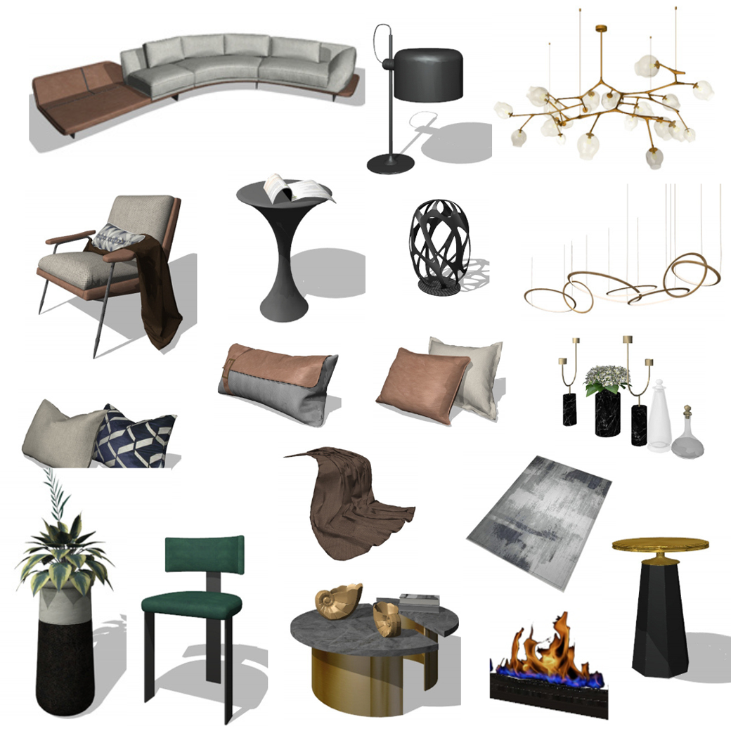 現代風客廳設計-3D透視圖，有沙發、吊燈、椅子、傢飾等3D傢俱飾品。