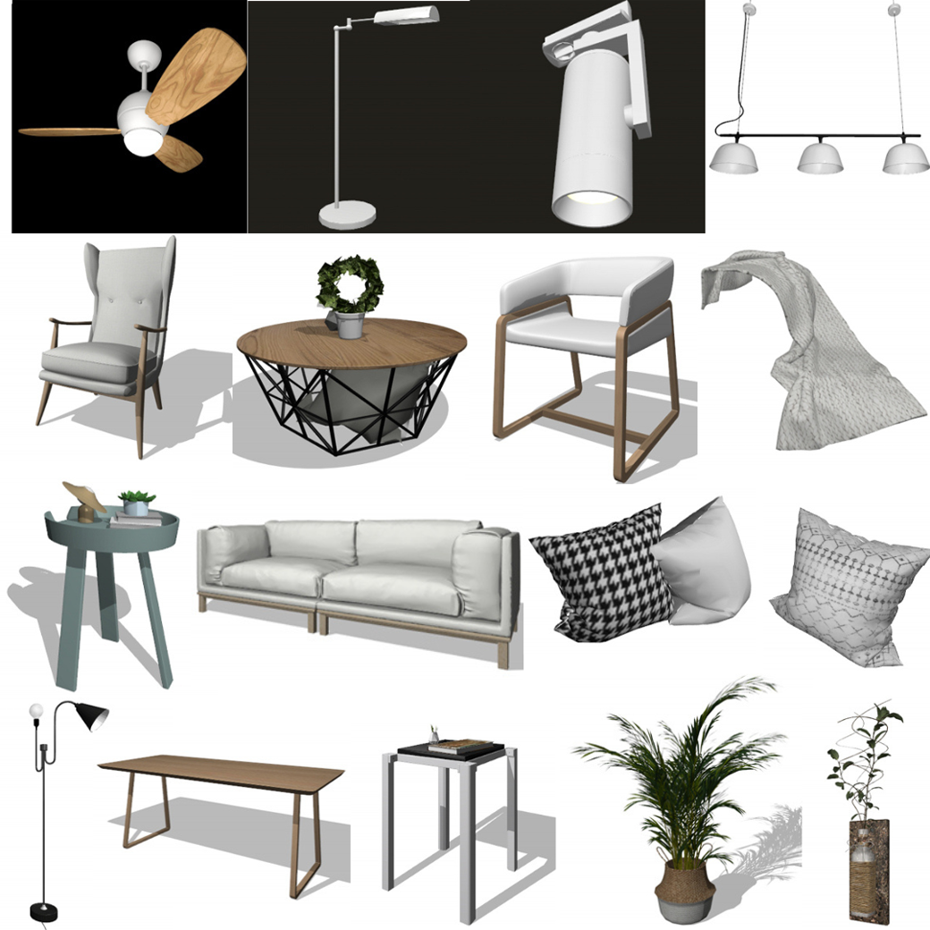 3D模型免費下載，有沙發,吊燈,單人椅,客廳桌,抱枕,茶几,盆栽,立燈等3D模型。