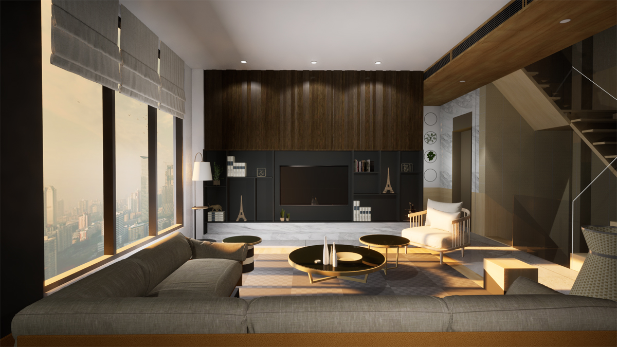 現代書房設計之3D透視圖，書桌、電腦、書籍、個性沙發、椅子、傢飾等3D傢俱飾品。