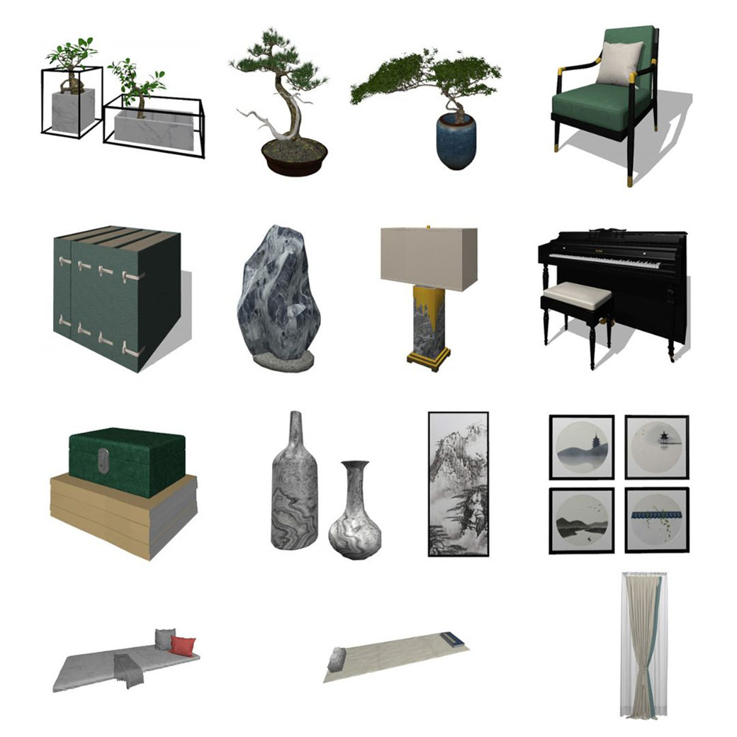 現代書房設計之3D透視圖，書桌、電腦、書籍、個性沙發、椅子、傢飾等3D傢俱飾品。