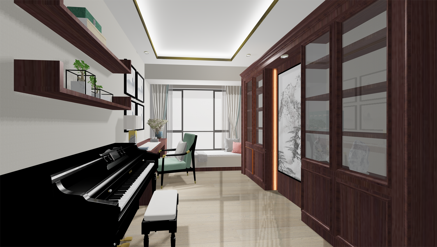 現代書房設計之3D透視圖，書桌、電腦、書籍、個性沙發、椅子、傢飾等3D傢俱飾品。